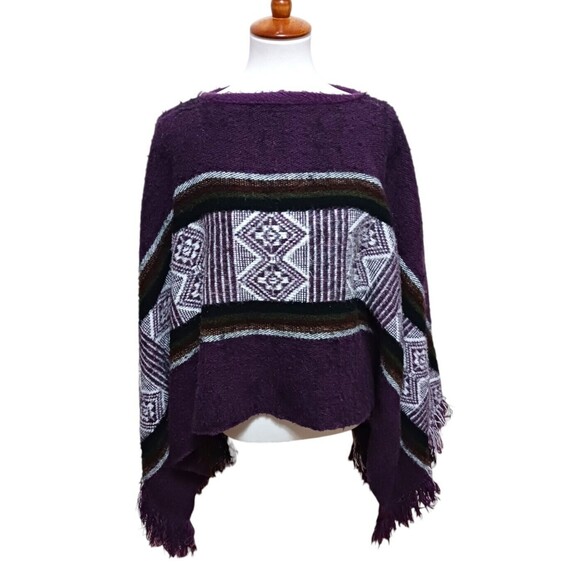 VTG Wool Blend Fringed Purple Aztec Southwestern Style Poncho Shawl Cape Boho OS - Picture 1 of 4